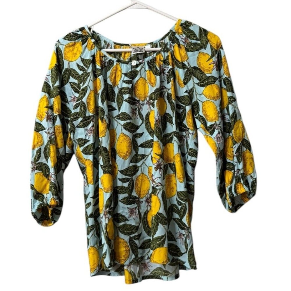 PARSLEY‎ & SAGE Shirt Women Size Small Lemon Print Puff Sleeve Rayon Yellow Blue